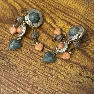 Vintage Faux Stone Dangle Clip On Earrings Gold Tone Heart Charm Boho